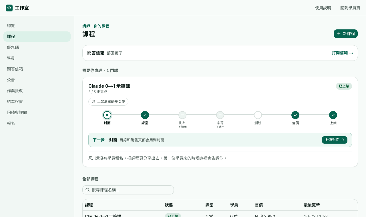 工作室的課程頁:上架進度條和下一步