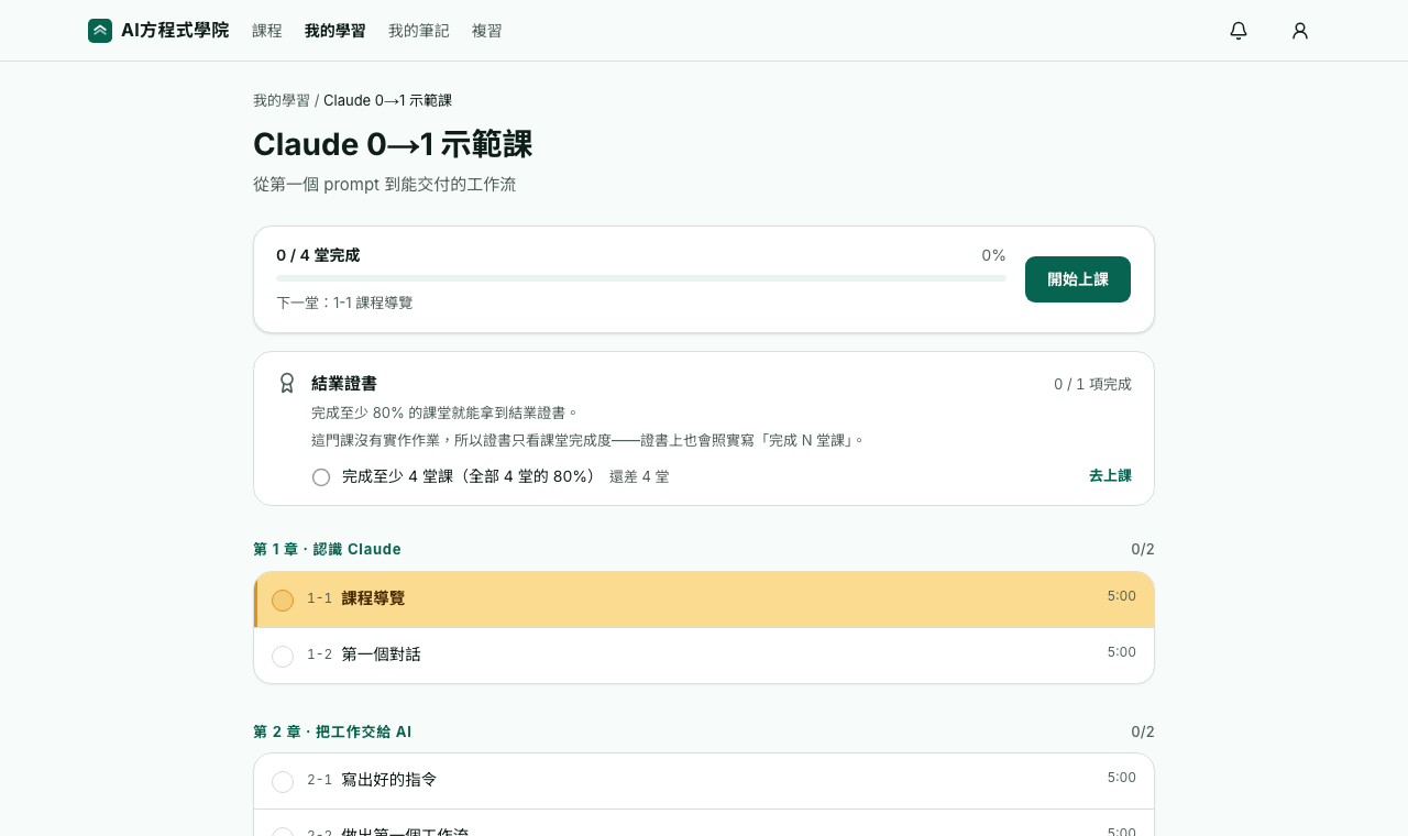 課程總覽頁的結業證書區:條件、進度,還差幾堂課